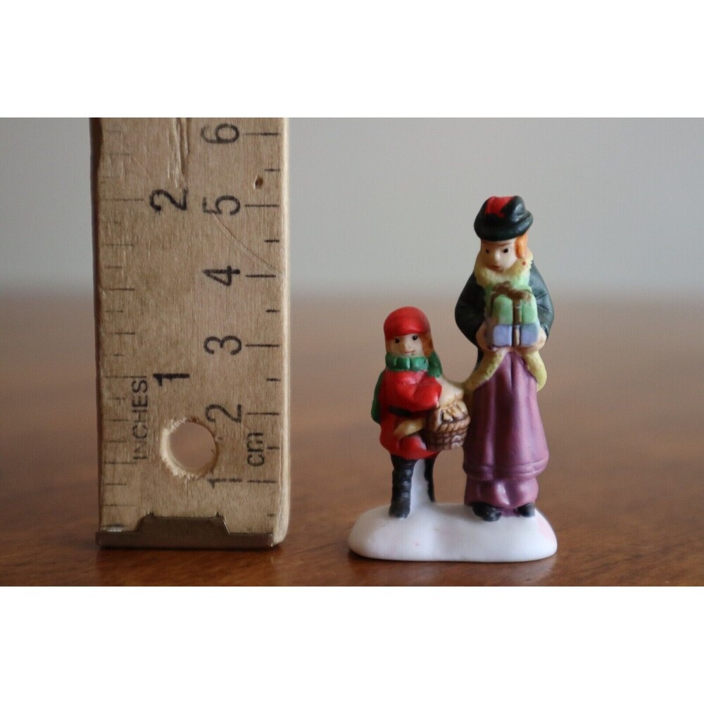 Christmas Village Figurine Child Boy Mother Nanny Woman Present Bread Basket 2" - Picture 8 of 8